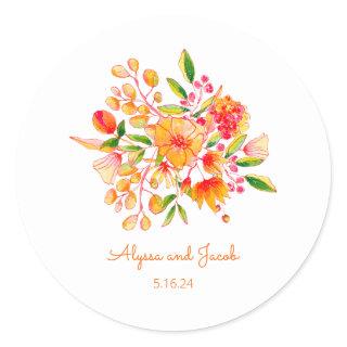 Vintage Orange Watercolor Flowers Personalized Classic Round Sticker