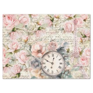 Vintage Pale Pink Roses Old Letter Clock Decoupage Tissue Paper