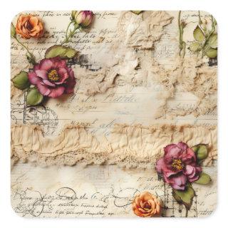 Vintage Parchment Love Letter with Flowers (8) Square Sticker