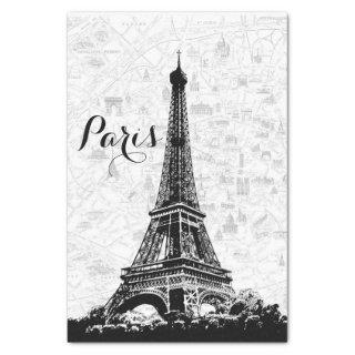 Vintage Paris Map Eiffel Tower Black and White Tissue Paper