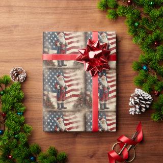 Vintage Patriotic American Flag and Santa Claus