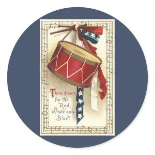 Vintage Patriotic, Drums with Musical Notes Classic Round Sticker