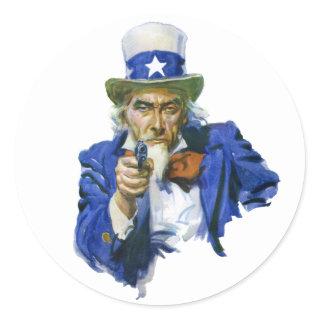 Vintage Patriotic Uncle Sam with Star Hat and Gun Classic Round Sticker