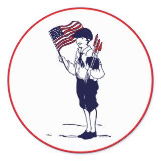 Vintage Patriotic US Flag and Fireworks Boy Classic Round Sticker