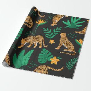 Vintage pattern with leopards and tropical leaves