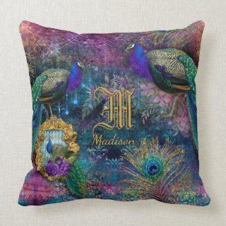 Vintage Peacock Feather Glitter Monogram Name Throw Pillow