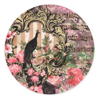 Vintage peacock floral musical note pink and gold classic round sticker