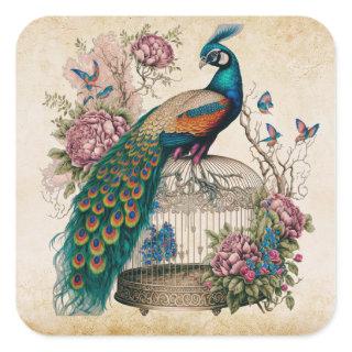 Vintage Peacock on Bird Cage Victorian  Square Sticker