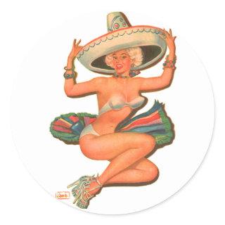 Vintage Pin-Up 'Hot Salsa' Sombrero Girl Classic Round Sticker