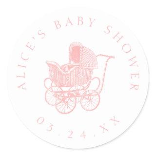 Vintage Pink Baby Carriage Baby Shower Classic Round Sticker