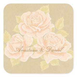 Vintage pink romantic roses with golden fleurdelis square sticker