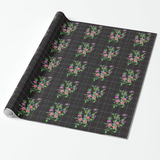 Vintage pink rose  Black / white plaid background