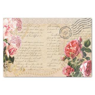 Vintage Pink Rose Pearls Lace Script Postmark Tissue Paper