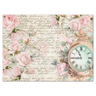 Vintage Pink Roses Old Letter Clock Decoupage Tissue Paper