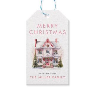 Vintage Pink Watercolor House Village Gift Tags