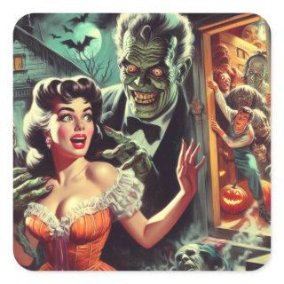 Vintage Pulp Horror Girl Illustration Square Sticker