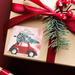 Vintage Red Car with a Christmas Tree Tied to Roof Square Sticker