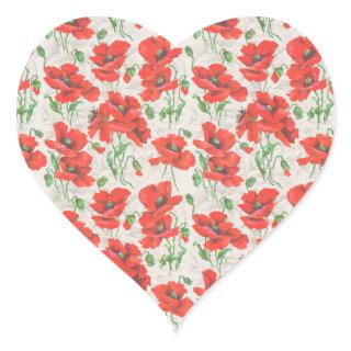 Vintage Red Poppy Floral Pattern Heart Sticker