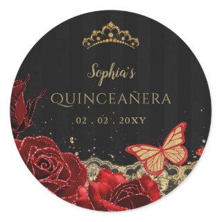 Vintage Red Roses Black Gold Lace Quinceañera Classic Round Sticker