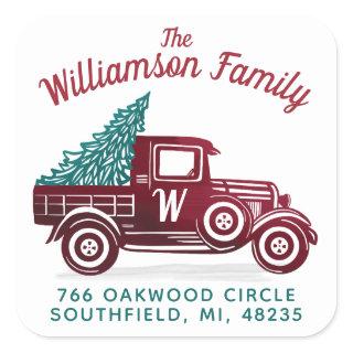 Vintage Red Truck Christmas Tree Monogram Address Square Sticker