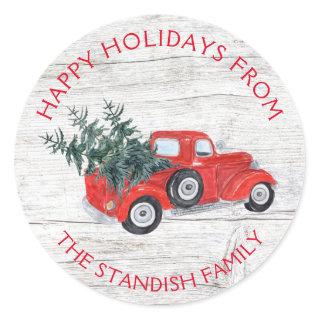 Vintage Red Truck Christmas Trees Barn Wood Classic Round Sticker