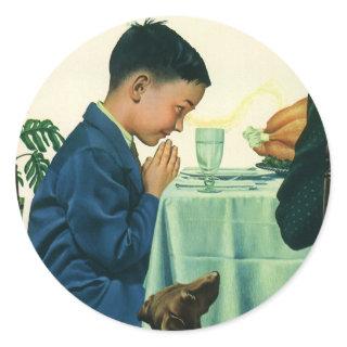 Vintage Religion, Boy Saying Grace at Thanksgiving Classic Round Sticker