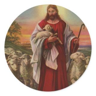 Vintage Religion, Christ the Good Shepherd Flock Classic Round Sticker