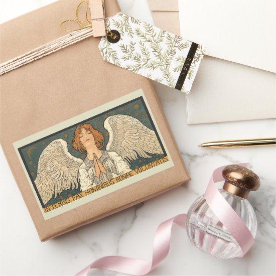 Vintage Religious Angel Praying with Gold Stars Rectangular Sticker