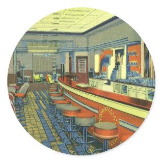 Vintage Restaurant, Retro Roadside Diner Interior Classic Round Sticker