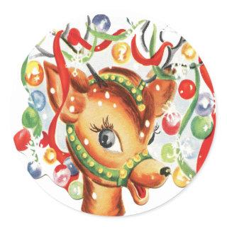 Vintage Retro Christmas Reindeer Confetti Classic Round Sticker