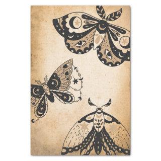 Vintage retro faded black moths tan parchment tissue paper