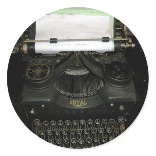Vintage retro writing machine, typewriter classic round sticker