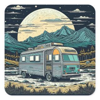 Vintage RV in the Mountains with Full Moon Square Sticker
