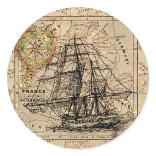 Vintage Sailing Ship and Old European Map Classic Round Sticker