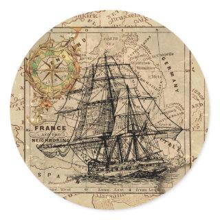 Vintage Sailing Ship and Old European Map Classic Round Sticker