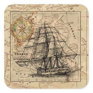 Vintage Sailing Ship and Old European Map Square Sticker