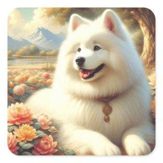 Vintage Samoyed Dog Painting Square Sticker