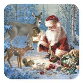 Vintage Santa Claus Feeding Animals Square Sticker