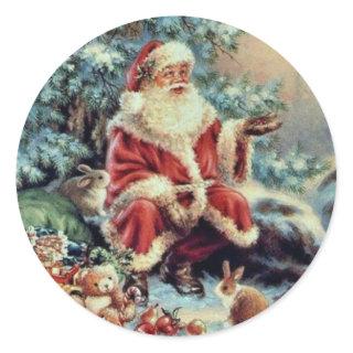 Vintage Santa Claus Feeding Birds and Rabbits Classic Round Sticker