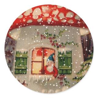 Vintage Santa Claus Gnome In Mushroom House Classic Round Sticker