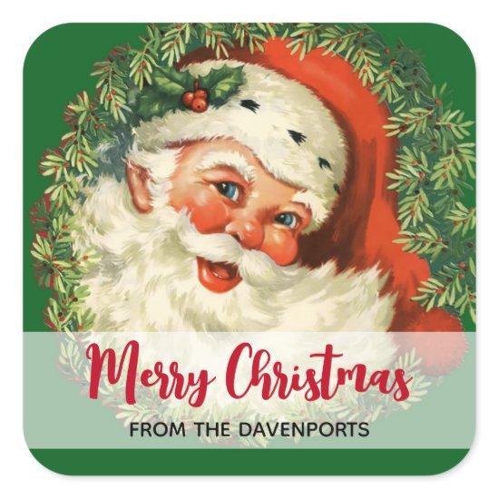 Vintage Santa Claus with Pine Wreath Christmas Square Sticker