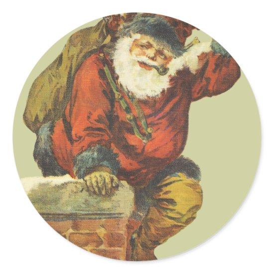 Vintage Santa Going Down Chimney Classic Round Sticker