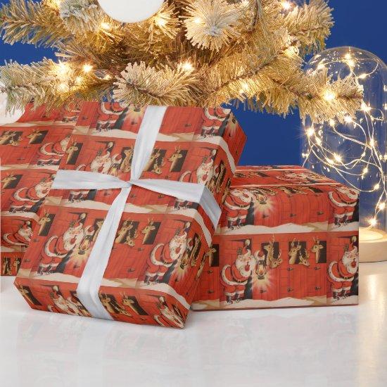 Vintage Santa reindeer tiled party wrap