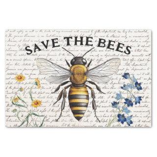 Vintage Save the Bees Script Flowers Decoupage Tissue Paper