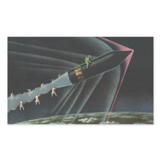 Vintage Science Fiction Astronaut Riding a Rocket Rectangular Sticker