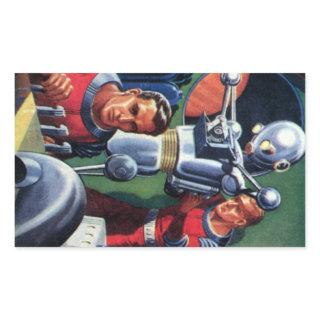 Vintage Science Fiction Astronauts Fixing a Robot Rectangular Sticker