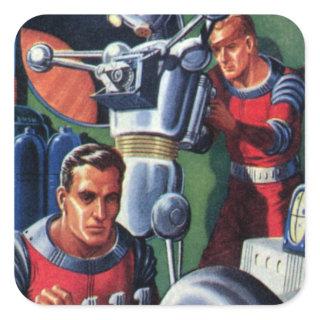 Vintage Science Fiction Astronauts Fixing a Robot Square Sticker