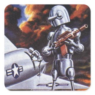 Vintage Science Fiction Military Robot Soldiers Square Sticker