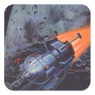 Vintage Science Fiction, Moon Rocket Blasting Off Square Sticker