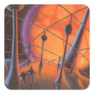 Vintage Science Fiction, Orange Sun and Aliens Square Sticker